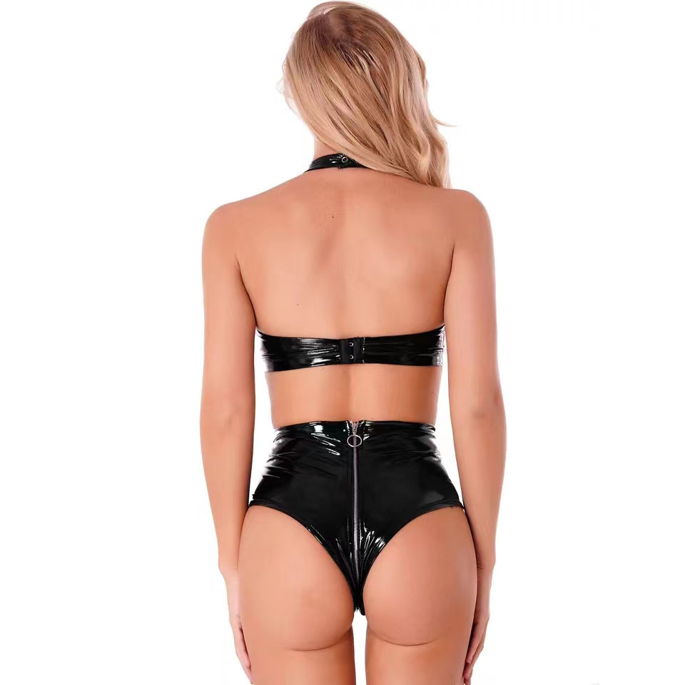セクシーな黒の光沢のある Pu ラテックスレザーランジェリー - Minimizer Bra Women のレビューと価格